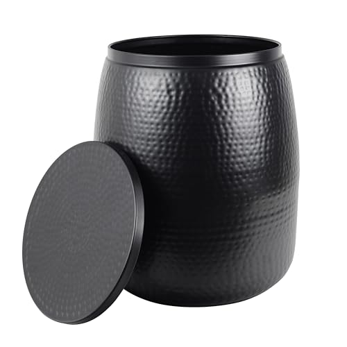 happimess SSL2000A Merida 19' Modern Rustic Hammered Metal Drum Storage Side Table with Lid, End Table for Decoration in Living Room, Bedroom, Bathroom, Matte Black