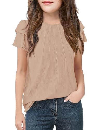 Floral Find Girls Ruffle Short Sleeve Crew Neck Textured Blouses Summer Dressy Tunic Top Cute Shirts