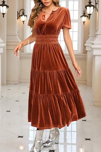 R.Vivimos Women's Fall Winter Vintage Velvet Dress Short Sleeve V Neck Elastic Waist Tiered Ruffle A-Line Flowy Maxi Dress2