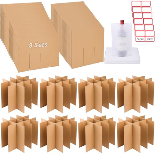 8 Sets Glass Packing Kits, Glass Dividers for Moving Boxes, Glassware Dish Packing Boxes Corrugate Inserts Cardboard Dividers, Box Glass Cell Divider with 50 pcs Foam Pouches,Fit 16x12x12 Inch Box