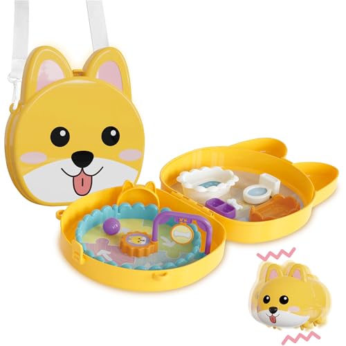 Portable Dog House Toy Playset - Simulated Pet Care with Bath Set, Feeding Set & Electronic Dog | Travel Toy with Handle & Crossbody Strap | Gift for Kids & Toddlers Ages 3-8+