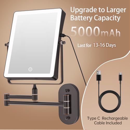 Famihomii 5000mAh Wiederaufladbar Kosmetikspiegel mit LED Beleuchtetung, Schminkspiegel mit 1-/30X Vergrößerung Und Touchschalter Batterie, Dimmbarer Rasierspiegel 360° Schwenkbar Wandmontage (Bronze) 2