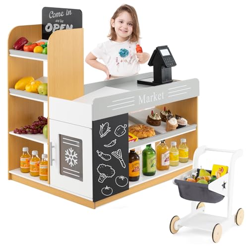 HONEY JOY Kids Grocery Store Playset, Wooden Play Store with Shopping Cart, Toddler Supermarket Checkout Stand w/Blackboard, Display Shelves, Grocery Store Pretend Play, Gift for Boys Girls, Natural