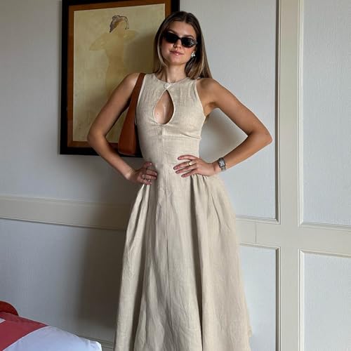 Women's Side Pleated Sleeveless Medium Length Linen Single Button Tight Corset Hollowed Out MIDI Dress2