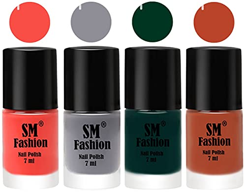 Image of Nail Polish Combo Set (Pack of 4) Quick Dry Gel Finish Nail Paint | Coral,Gray,Dark Green,Light Coral | 7 ml Each