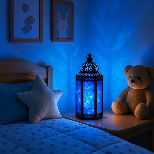 Vela Lanterns 6pk LED Fairy String Lights Candle Holder Decorative Moroccan Lantern, Blue Glass, Large