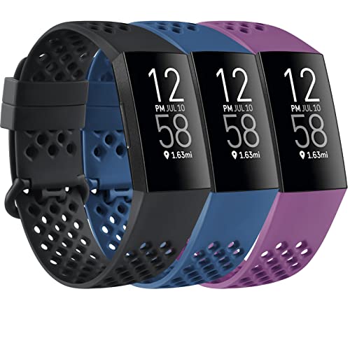 Mugust Compatible With Fitbit Charge 4 Bands/Charge 3 Bands For Women Men, Breathable Sport Silicone Soft Waterproof Replacement Wristbands Strap For Fitbit Charge 4/Charge 3 Fitness Activity Tracker-3 Pack (Black/Navy Blue/Plum, Small) #TOP2