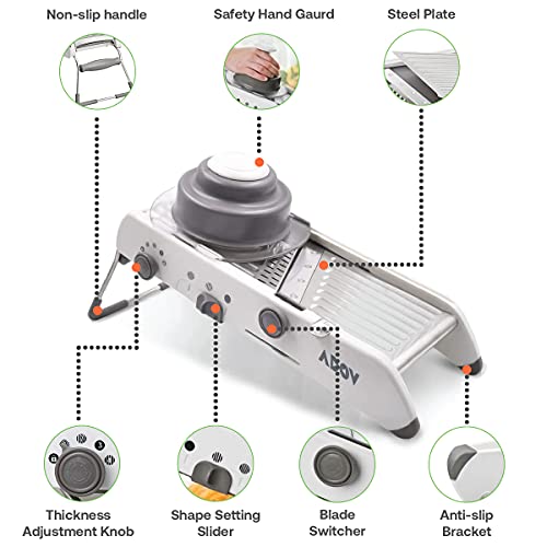 ADOV Mandoline Multifonctions Cuisine, Acier Inoxydable Professionnelle Trancheuse, 18 Formes Réglable sans BPA Manuel Coupe Légumes et Fruit Râpe avec Lames Intégrés pour Gaufré Julienne Tranche