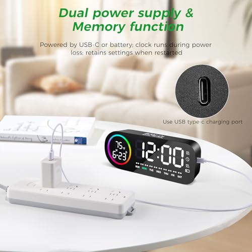 Diboniur Wecker Digital mit Großen LED Display, Digitaler Wecker USB Ladeanschluss, Digital Uhr mit Dual Alarm, Schlummerfunktion und Countdown, Ausschaltspeicher