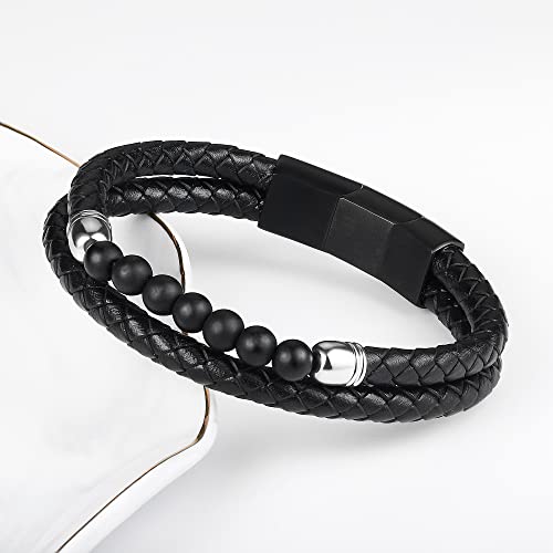 Fathers Day Bracelet For Dad,Black Leather Bracelet For Men Beaded Bracelets For Men Stress Relief Anxiety Bead Bracelet Mens Bracelets Beads Healing Mens Bracelet Jewelry Dad Gifts For Men #TOP5