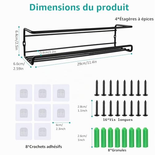 Lot de 4 étagères à épices murales en métal - Sans perçage - Pour réfrigérateur - Noir – vue 3