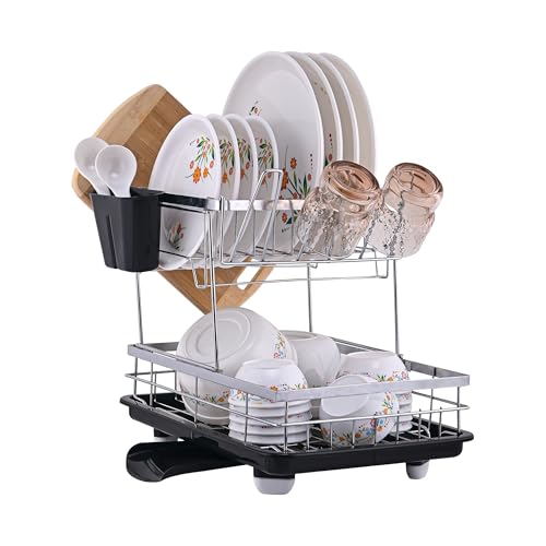 Image of Kuber Industries Stainless Steel 2-Tier Kitchen Dish Drainer Rack with Removable Drain Board | Dishwash Organizer | Utensils Drying Rack with Drainer Tray | Vessel /Bartan Stand for Sink | Black