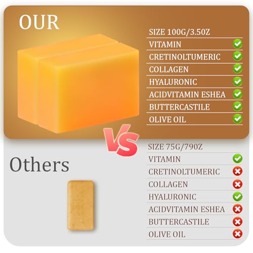 Kojic Acid & Turmeric Brightening Soap Bar - 2 Bars Dark Spot Corrector with Vitamin C, Retinol, Collagen For Hyperpigmentation and Scarring | Sensitive Skin Safe Gluten-Free Skin Care Gifts