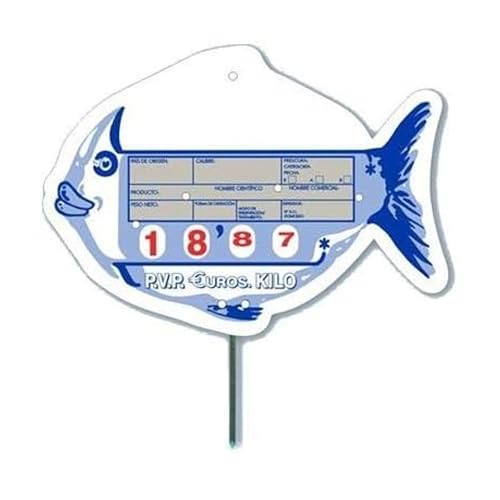 BALSAT Expositor Portaprecios de Pescadería | Con Etiquetas para Precios y Registro Sanitario | Cartel PVC de Precios para Tienda de Pescados y Mariscos con Pincho Inoxidable | Mod: Pez Azul, 12 Uds