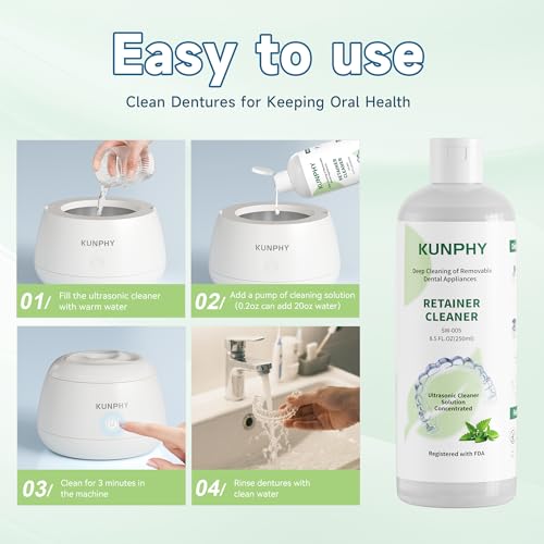Image of kunphy Ultrasonic Retainer Cleaner Solution Concentrate - 2 Pack Value Bundle, Professional Cleaning for Retainers, Dentures, Invisible Aligners, Mouth Guards, Removes Odors & Stains, 16 oz (Mint)