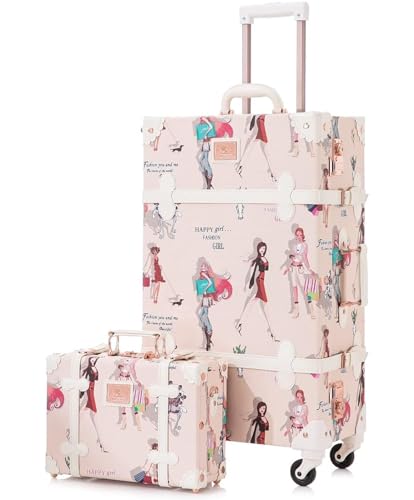 Checked Luggage Carry On Luggage 2 Piece Vintage Suitcase Set,Cute Travel Luggage with 12