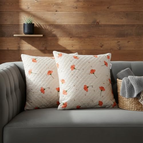 Image of STITCHNEST 'QuadraNest' Series Printed Quilted Velvet Cushion Cover 16x16 Inch Set of 2 | Premium Soft Fabric, Washable & Fade Resistant | Decorative Living Room Cushion Covers | Orange Floral