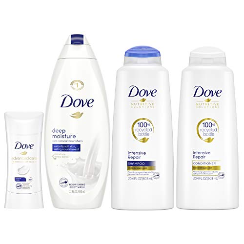 Dove Hair and Skin Care Regimen Pack For Soft Skin and Clean Hair Deep Moisture Includes 2 Hair and 2 Skin Care Products, 65.4 Ounce
