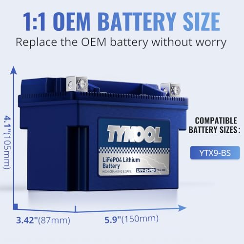 Image of TYKOOL YTX9-BS-PRO,3X Cranking Amps,5X Life, Lithium LiFePO4 Motorcycle Battery,300 CCA,Powersports Battery,Fits for ATV,UTV,Scooter,Riding Lawn Mower,Honda eu3000is,400ex,Predator Generator