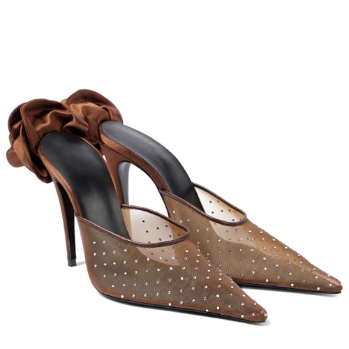 Women's Crystal Embellished Mesh Pumps Floral Applique Stilettos Pointed Toe Slip On Heeled Mules Banquet Dress Wedding Heels3