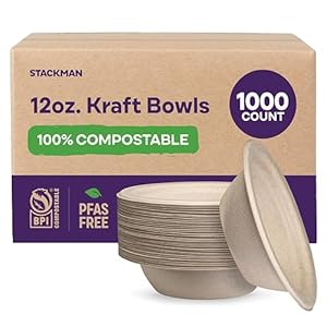 100% Compostable Paper Bowls 12 oz. [1000 Count] Heavy-Duty Soup Bowls – Natural Brown Color Unbleached Bagasse Bowls – Eco-Friendly Disposable Biodegradable Sugarcane – [Bulk Case 8/125 Pack]