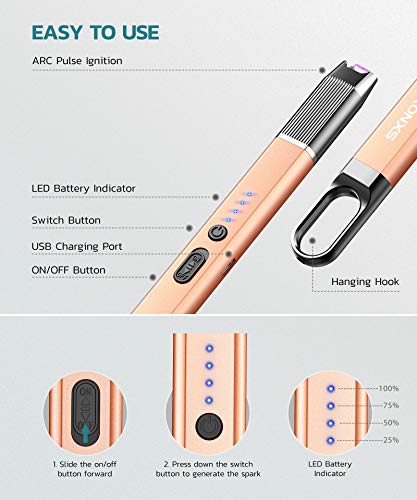 RONXS Lighter, Candle Lighter Electric Arc Lighter Rechargeable Lighter with Battery Indicator Flameless Windproof(Black&champange 2Pcs) - Thumbnail 5