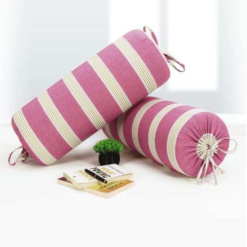 Image of AURAVE Cotton 144 TC Printed Bolster Cover with Drawstring Closure, Set of 2, Soft Breathable Durable Machine Washable for Sofa Bed & Home Decor, 15 inchx30 inch, Magenta & Green | Cover Only
