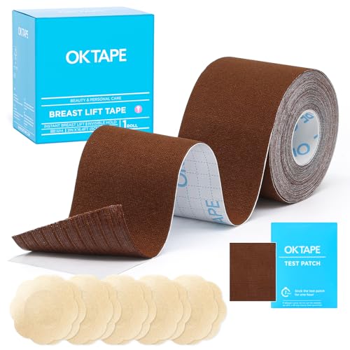 OK TAPE Breast Lift Tape, Boob Tape for Large Breasts Lift with 5 Pairs Nipple Cover Set, Breathable and Invisible Body Tape for A-G Cup, Brown, 2