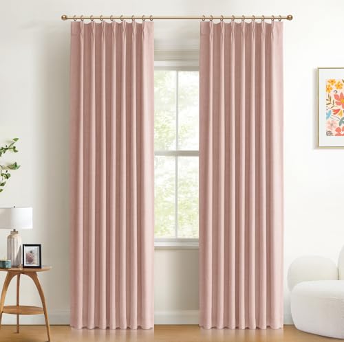 Pinch Pleated Full Blackout Faux Linen Curtains 96 Inches Long