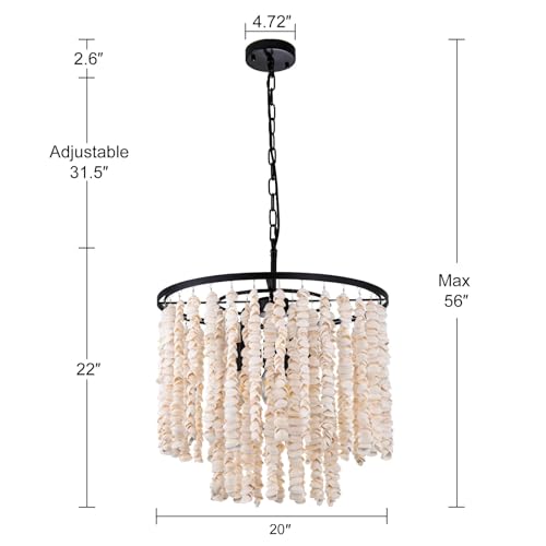 Wellmet Black Natural Capiz Shell Chandelier, 5 Lights Boho Coastal Dining Room Light Fixture, Beach Seashell Ceiling Pendant Lighting for Entryway, Living Room, Bedroom, Kitchen, Foyer, Dia-20in - Image 2
