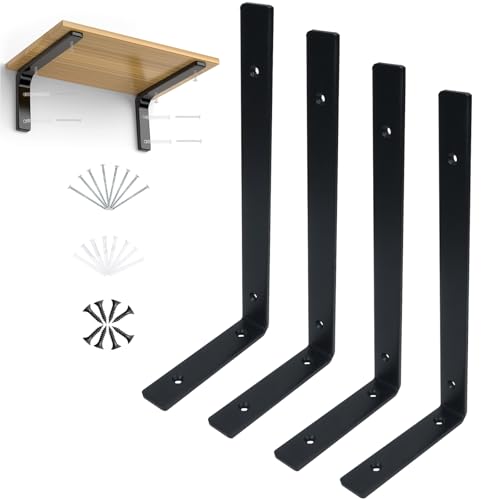 KINDPMA 4 Pcs Escuadras Negras 295x130x30mm Escuadras Estanterias Metalicas Pesadas Peso Máx. 150Kg Soportes para Estantes de Pared en Forma L Resistentes para Baldas, Encimera