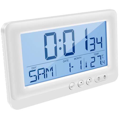 , Multi Information Display Lcd Electronic Clock, 5-minute Snooze, Large Screen Digital Timepiece For Home Office Travel Alarm Clock Battery Operated (no Battery) (white)