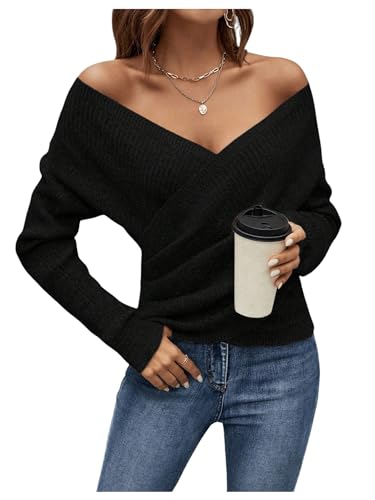 Image of SOLY HUX Women's V Neck Long Sleeve Off Shoulder Sweaters Criss Cross Wrap Ruched Pullover Fall Tops