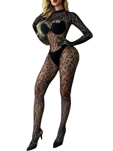 Leypafy Fishnet Body Combinaison Léopard Imprimer Femmes Bas de Lingerie Bodystocking Festival Club(QBSBW-Noir)
