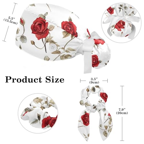 Image of Red Blooming Rose Flowers Black Working Cap with Scrunchy and Ribbon Tie for Women, Long Hair