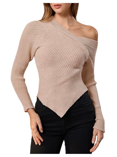Image of MakeMeChic Women's Off The Shoulder Long Sleeve Sweater Asymmetrical Wrap Lightweight Pullover Top