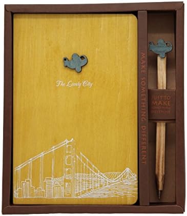 Wooden Notebook and Pen Set - The Lovely City Series | Unique Wood-Covered Notebook & Pen Sets Available in Four Different Colors & Styles | Blank White/Brown Pages, No Lines (Plane Yellow)