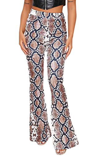 Premium Women Flared Trousers Animal Snake Print Flares Boot Cut Boot Leg Trousers High Waist Pants Bottom UK Made (Small, Brown)