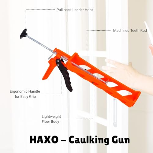 Image of HAXO 9-Inch Caulking Gun, 300g Lightweight, Sturdy Steel Body, Smooth Round Rod, 6:1 Thrust Ratio, For Acrylic, Latex & Silicone Sealants | Riveted End Caps | Hardened Plunger Bush