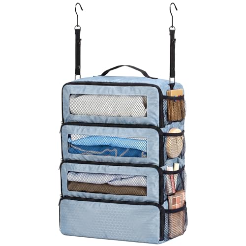 Klyyo Clyro Back to School Hanging Suitcase Organizer Gray 4 Layer Dorm Room Clothes Storage Bag with Adjustable Hook Pack Hang Travel Organizer for College Dorms