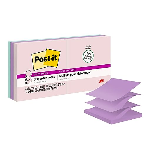 Post-it Notas emergentes superadhesivas, 7.6 x 7.6 cm, 6 blocs, 90 hojas/bloc, 2 veces el poder de adherencia, colección Wanderlust Pastels