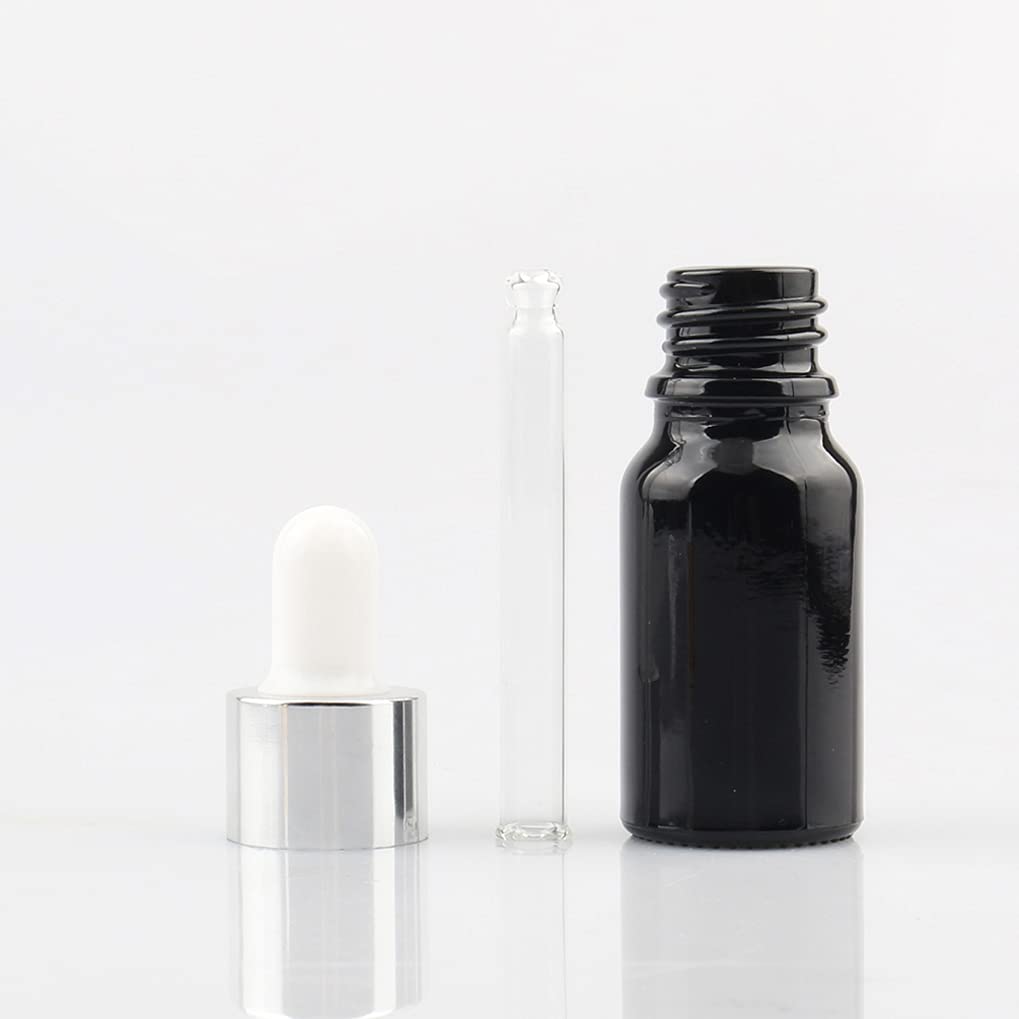24 Pezzi Nero Lucido Bottiglie Contagocce Vetro 10 ml, con Pipette Contagocce Vetro,anello a vite Argento, per Laboratorio,Olio Essenziale, Aromaterapia +4 imbuti