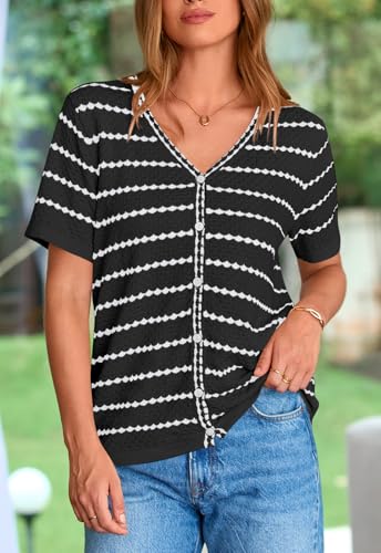 Image of NALANISA Women's Short Sleeve Sweater Spring Summer Crochet Knit Tops 2026 V Neck Striped Button Down Dressy Casual Blouses