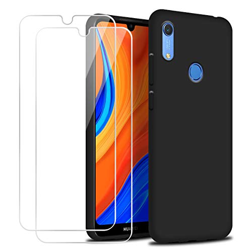 Reshias Funda para Huawei Y6s con [2 Pack] Cristal Templado Protector de Pantalla, Negro Suave Líquido Silicona Protectora Carcasa para Huawei Y6s (6.09 Pulgadas)