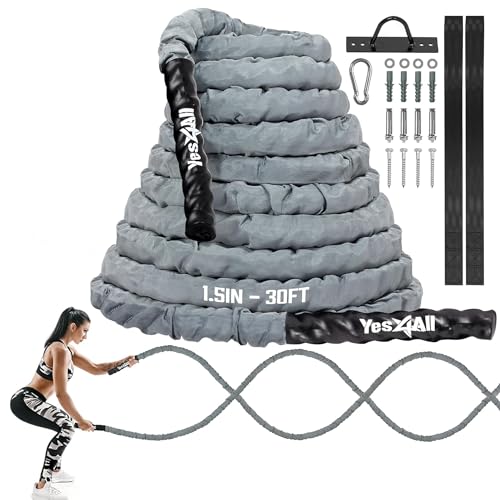 Yes4All Battle Rope with Protective Cover &ndash; Steel Anchor & Strap Included - Poly Dacron 1.5in...