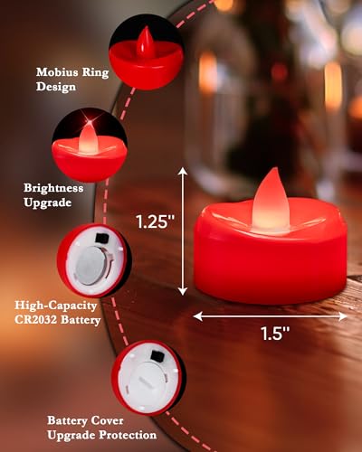 Image of merrynights Flameless Candles, 12 Pack Tea Lights Candle Battery Operated, Flameless Tealight Votives, Realistic Tea Lights for Halloween Christmas Party Decor -D 1.5 inch x H 1.25 inch-Red Light