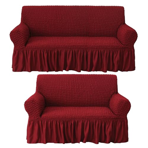 Image of House of Quirk Turkish Bubble Frill Five Seater 3 + 2 Sofa Slipcovers 280 GSM, Durable Washable Universal Triple Seater High Elastic Furniture Protector (Maroon)