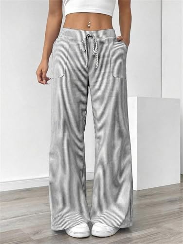 2025 Casual Women's Drawstring Striped Pants with Pockets, Elastic Waist Loose Striped Wide Leg Lounge Trousers2