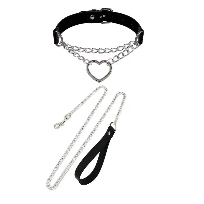 Leather Choker Collar with Chain Leash Heart Studded Necklace with Lead Chains Bondage Cosplay for Women