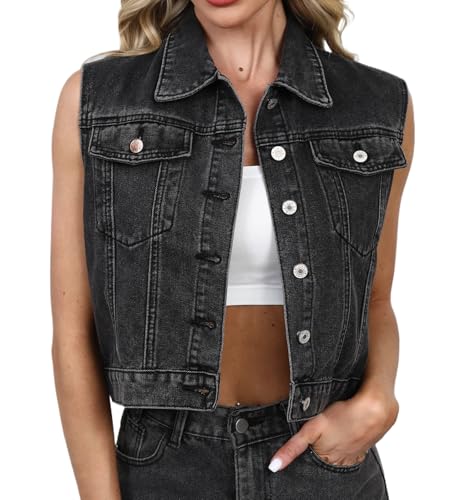 DvaeMalligo Women's Cropped Denim Vest Top Button Down Sleeveless Jean Jacket Waistcoat Gilet with Pockets
